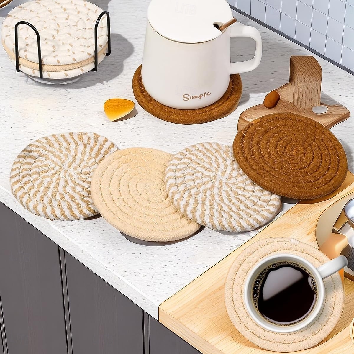 8 st. bomullsvävda underlägg för drycker, absorberande underläggsset med hållare, värmebeständiga 210°F, 4,4 tums diameter, muggunderlägg för bordsskivor, soffbord, skrivbord, mjuka &skyddande 2026 - $12.99 –P7