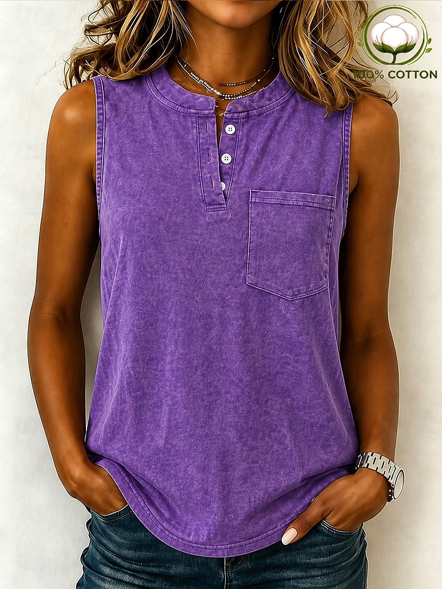 SoftFade™ Women's 100% Cotton Henley Shirt Washed Acid Wash Vintage Washed Vintage Fashion Stylish Sleeveless Raglan Sleeves Henley Long Tops Casual Beach Blue Purple Orange Summer Spring 2026 - $24.99 –P12