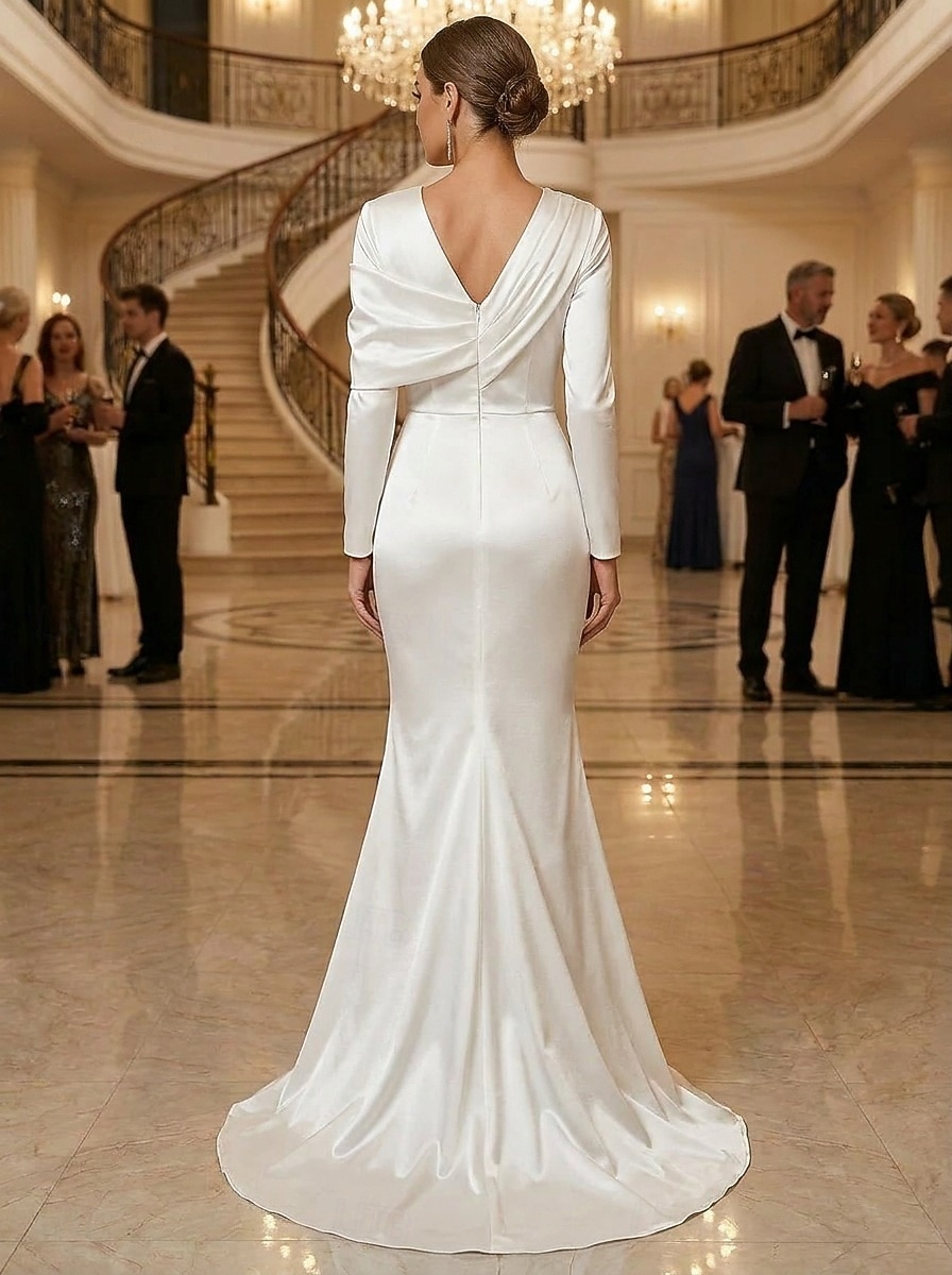 Mermaid Trumpet Floor Length Evening Gown Elegant Empire Waist Evening Long Sleeve High Neck Evening Party Wedding Stretch Satin with Pleats Solid Color 2026 - $171.99 –P2