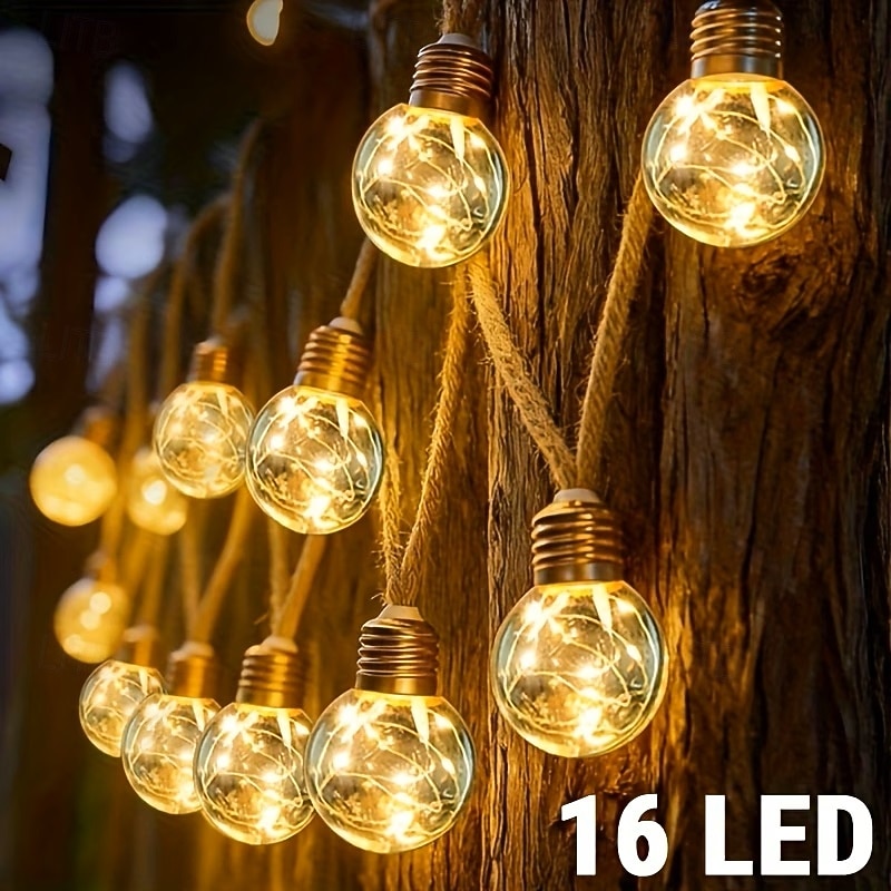 2026年 ソーラー式屋外ストリングライト 8m 16個のLED レトロ麻ロープ電球 フェアリーライト 8モード ソーラー式中庭ライト 防水仕様 別荘、庭、中庭、木、キャンプ、カフェ、休日の雰囲気作りに最適  コレクション – $43.99 –P5