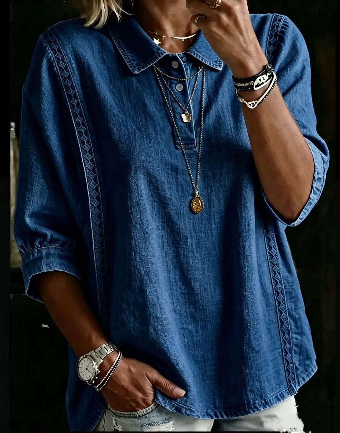 Women's Polo Shirts Blouse Lace Tops Plain Bohemia 3/4 Length Sleeve Lapel Regular Tops Light Blue White Pink Royal Blue Sky Blue Summer Spring 2026 - $31.99 –P2