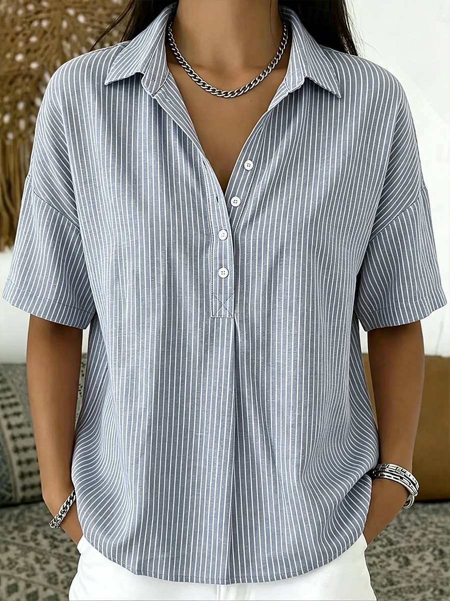 Mulheres Camisa Social Botões Imprimir Gráfico Geométrica Listrado Vintage Diário à moda Manga Curta Aberto para a Lateral Tops longos Casual Diário Feriado Azul Rosa Cinzento Verão Primavera de 2026 por $33.99 –P1