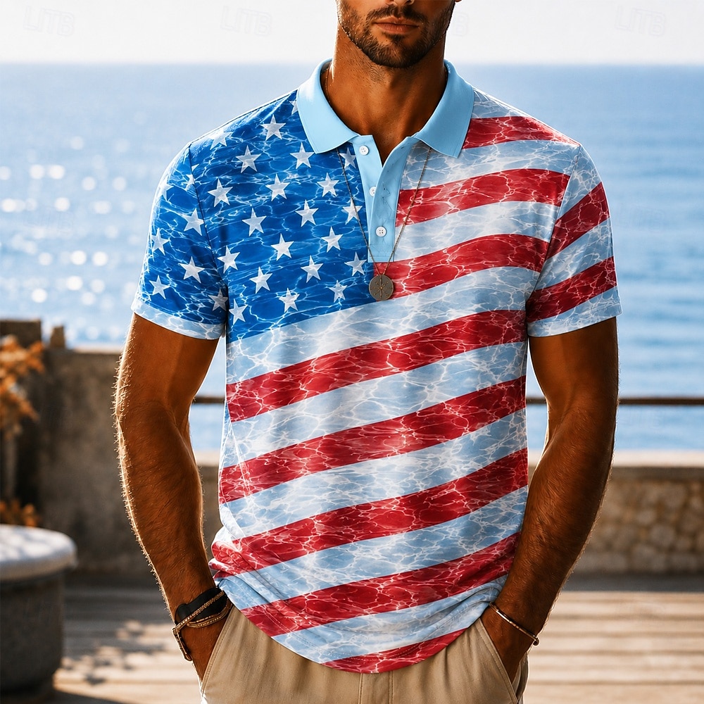 4th of July 2026 250th Men's Ocean American US Flag Hawaiian Polo Shirts Short Sleeve Polo Shirts Lapel Business Casual Athleisure 3D Print Buttons Breathable Mesh Spring & Summer Blue 1 Blue 3# Blue 2026 - $21.99 –P2