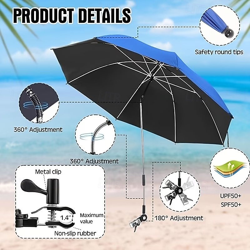 Chair Beach Umbrella with Clamp,  Adjustable Umbrella, Suitable for Chairs, UPF50 Outdoor Patio Umbrella, Suitable for Beach Chairs, Patio Chairs, Wheelchairs, Camping Chairs, Golf Cart Umbrella 2026 - $30.99 –P6