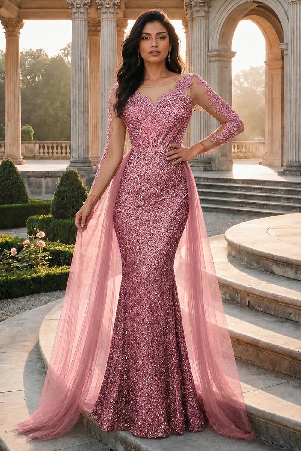 Corte Trompeta Sirena Hasta el Suelo Vestidos de noche Vestido de baile con sobrefalda Vestimenta formal Elegante Manga Larga Cuello Barco Fiesta de baile Fiesta de Noche Tul con Lentejuela 2026 - $114.99 –P17