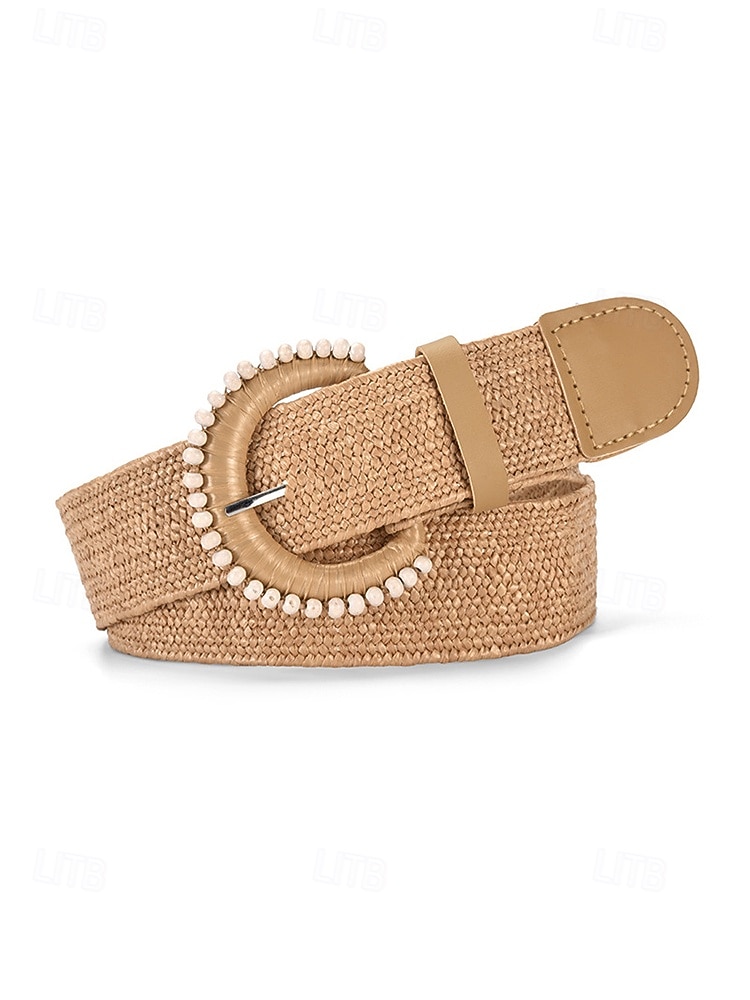Women's Boho Straw Woven Belt, Wide Raffia Waist Belt with Beaded Buckle, Casual Cinch Belt for Summer Beach Vacation & Daily Wear, Khaki/Beige 2026 - $11.99 –P5