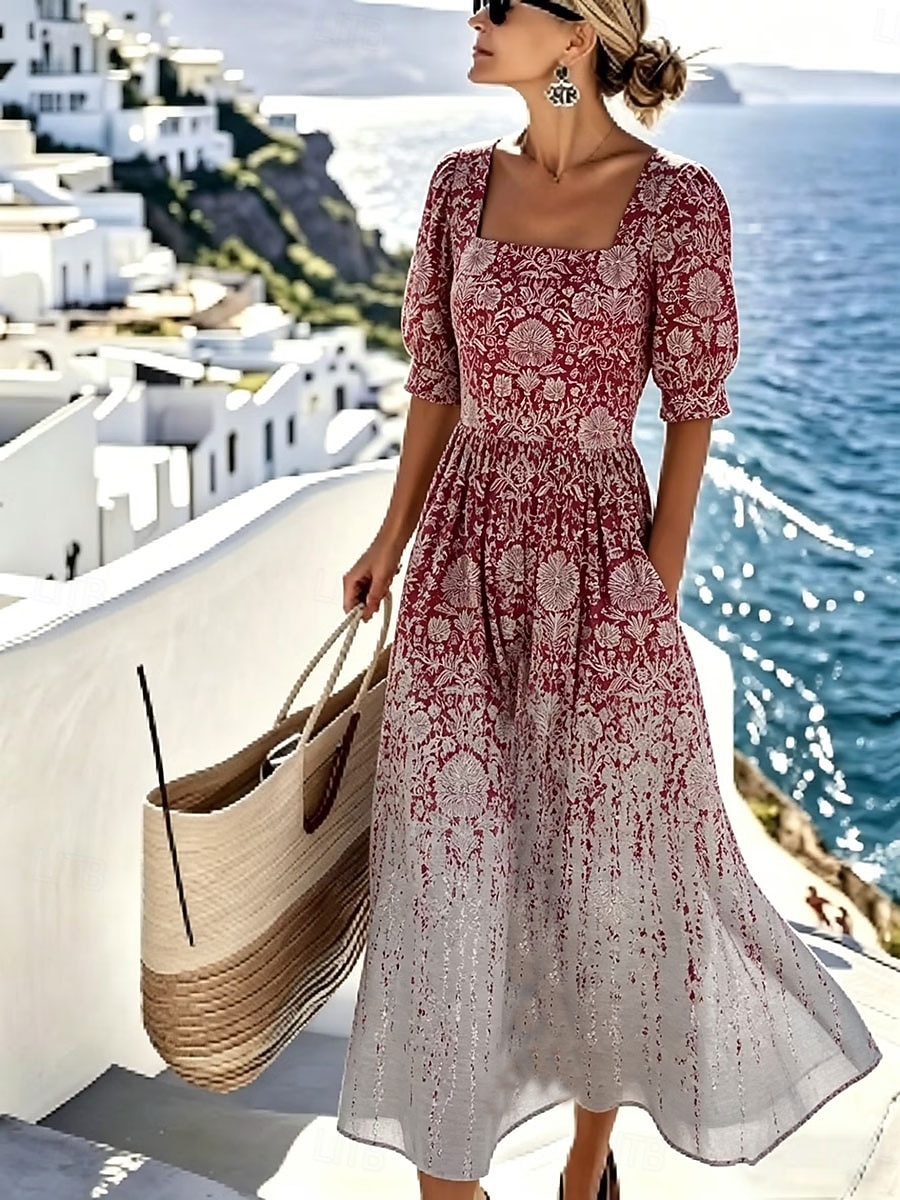 Women's Midi Dress Casual Dress A Line Dress Elegant Vacation Stylish Beach Holiday Regular Fit Floral Graphic Half Sleeve Crew Neck Blue Red Orange Summer Spring 2026 - $49.99 –P6