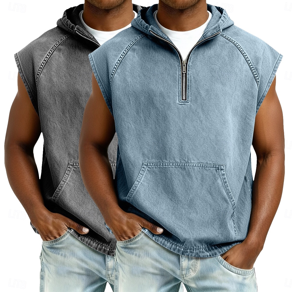 softfade™ canotta da uomo 2 pezzi top gilet top in denim camicia lavaggio acido senza maniche cappuccio zip estate primavera semplice capo basic tinto cappuccio casual vacanza strada nero kaki top del 2026 a $62.99 –P8