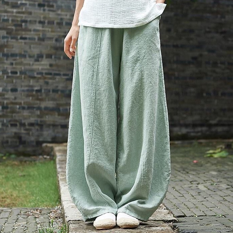 Women's Plus Size Linen-feel Pants Wide Leg Chinos Summer Pants Vacation Casual Lounge Full Length Natural Solid Color Pocket Baggy Micro-elastic Daily Vacation Holiday Black White Green Dark Blue 2026 - $23.99 –P4