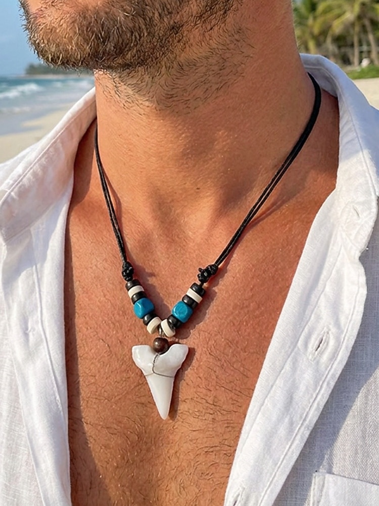 herrhalsband med vargtand i bohemiskt skick - vintagehänge i konstben med justerbart vaxsnöre, smycken i etnisk tribalstil i akryl för sommarsemester och resor &dagligt vardagskläder 2026 - $4.99 –P1