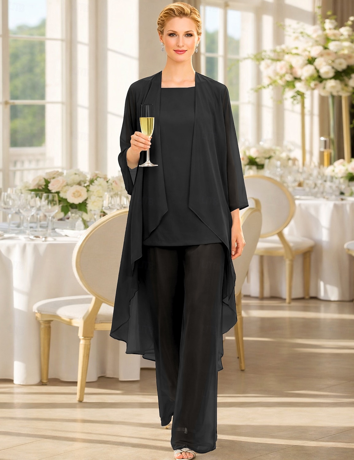 Traje de pantalón Traje de 3 piezas Hasta el Suelo Vestido de Madrina Sin Mangas Barco de cuello Elegante Talla Grande Bolero incluido Invitado a la boda Gasa Vestidos de chaqueta con Un Color 2026 - $137.99 –P10