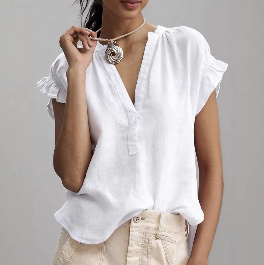 Per donna Blusa Camicia in finto lino Volant Tinta unica Quotidiano Elegante Essenziale Manica Corta Scollo a V Top lunghi Casuale Quotidiano Bianco Cachi Rosa Verde Estate Primavera del 2026 a $21.99 –P5