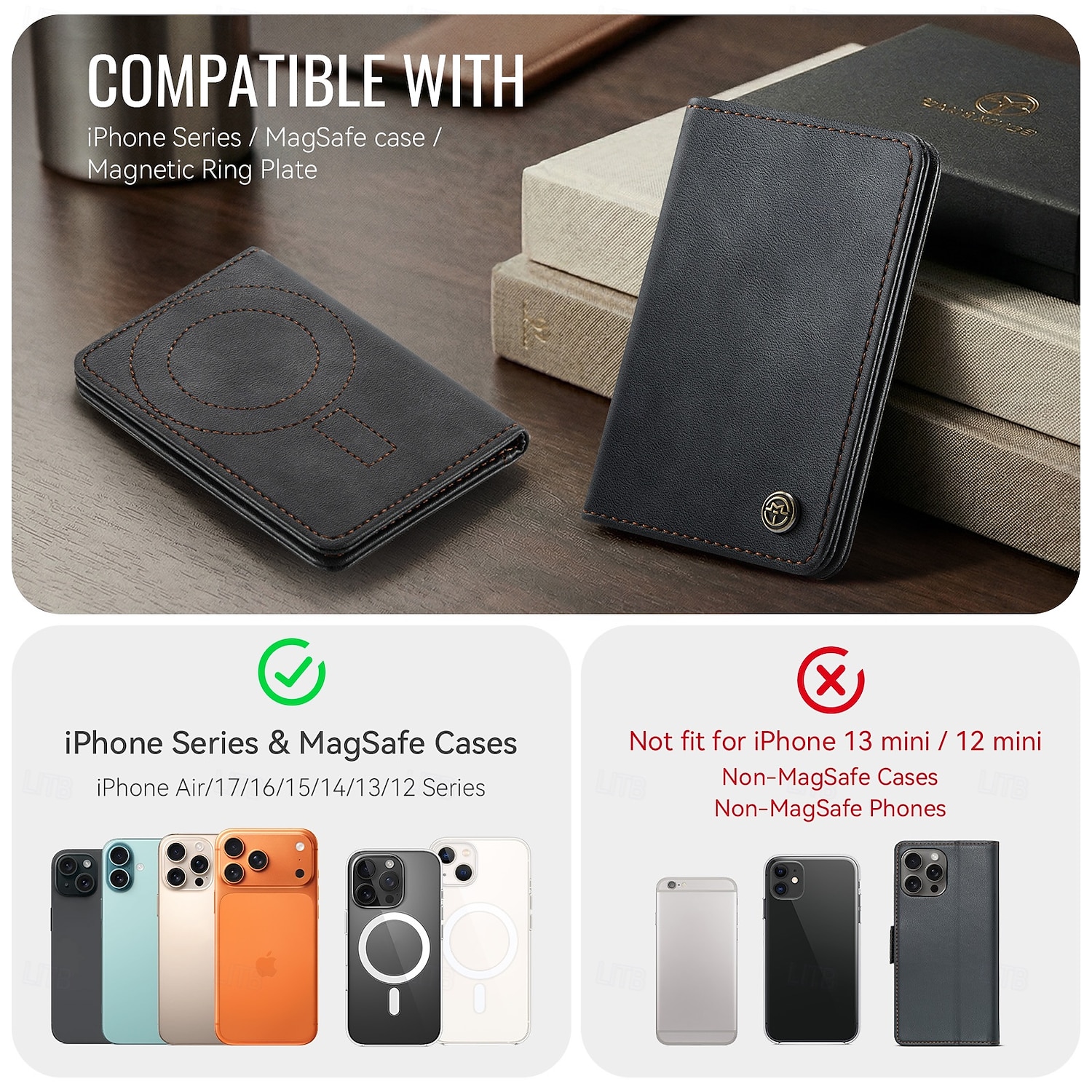 Carteira magnética para iPhone 17, 16, 15, 14, 13 Pro Max e Plus, compatível com MagSafe, com bloqueio RFID, feita em couro PU e fecho magnético. Possui um compartimento fino e removível para cartões de 2026 por $12.99 –P11