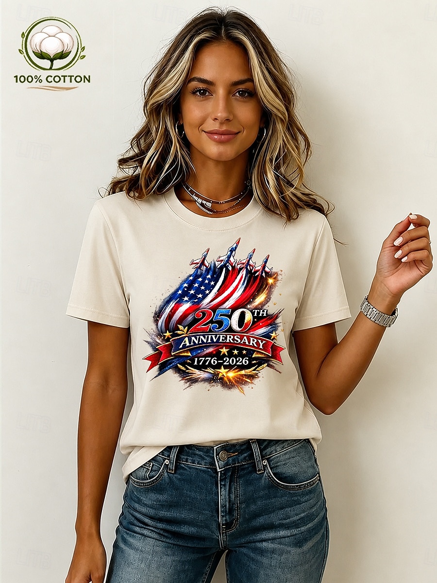 Amerikansk uavhengighetsdag Dame 100% قطن T skjorte Trykt mønster Grafisk Bokstaver Amerikansk flagg Årgang Stilfull Fritid Kortermet Crew-hals Vanlige topper Avslappet Daglig Helg Blå Svart Hvit 2026 - $24.99 –P3