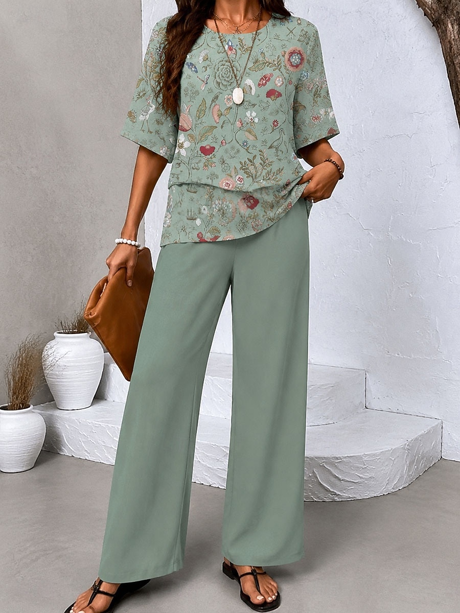 Women's Pants Sets Half Sleeve Butterfly Sleeve Round Neck Graphic Leopard Abstract Elegant Vacation Casual Daily Beach Pink Green Khaki Spring & Summer Regular Fit 2026 - $51.99 –P2