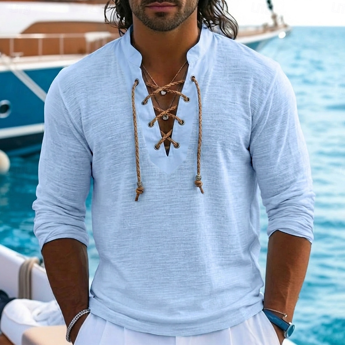 Per uomo Maglietta in lino Manica Lunga Collo con lacci Henley Primavera & Estate Estate Primavera Tinta unica Semplice Vintage Nautico Stile Boho Allacciato Trasparente Casuale Vacanza Streetwear del 2026 a $20.99 –P2