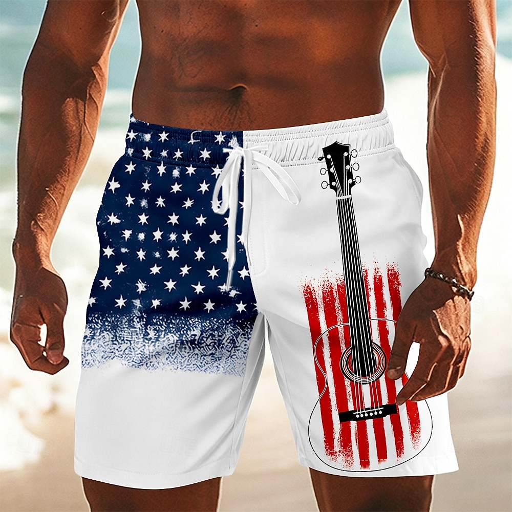 Bermuda de Natação da Guitarra Americana Patriótica do 250º Aniversário dos Homens com Cordão e Bolsos Laterais para Praia de Verão de 2026 por $20.99 –P3