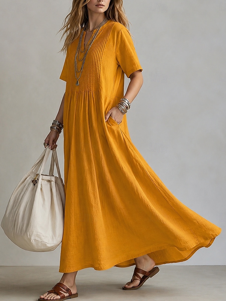 abito lungo da donna elegante stile bohémien boho con pieghe, scollo a V, maniche corte, vestibilità ampia, tinta unita, blu chiaro, azzurro, giallo, verde chiaro, estate primavera del 2026 a $15.49 –P5