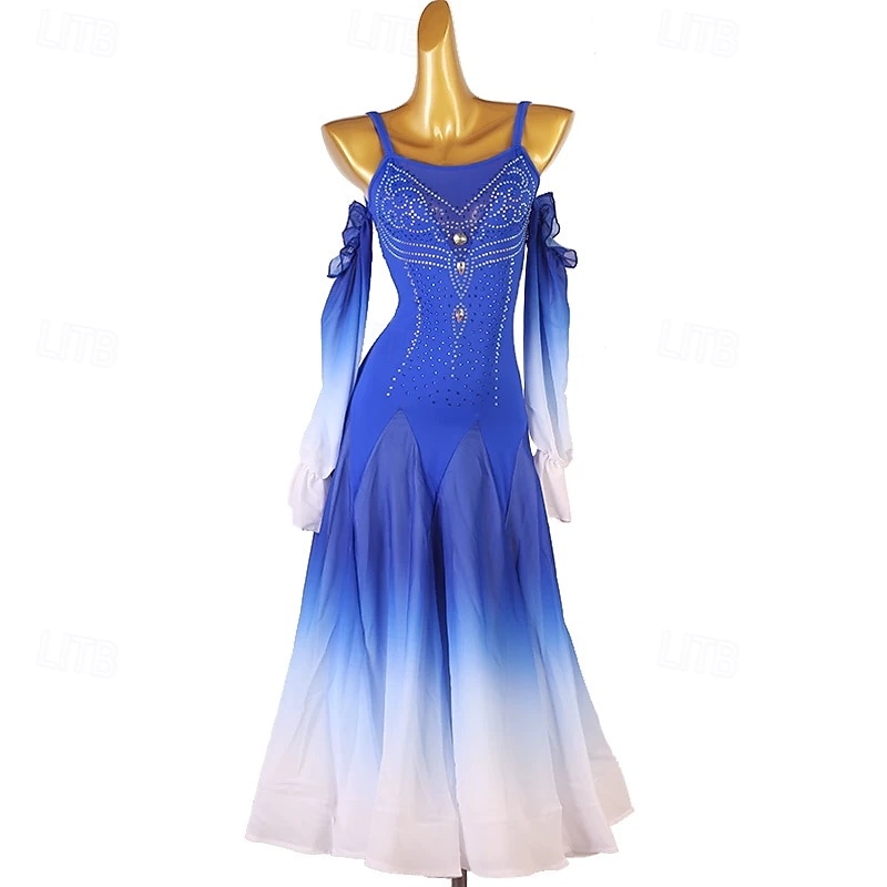 Royal Blue Ombré Ballroom Dance Competition Dress - Rhinestone Cold Shoulder Waltz Standard Dance Gown 2026 - $226.89 –P1