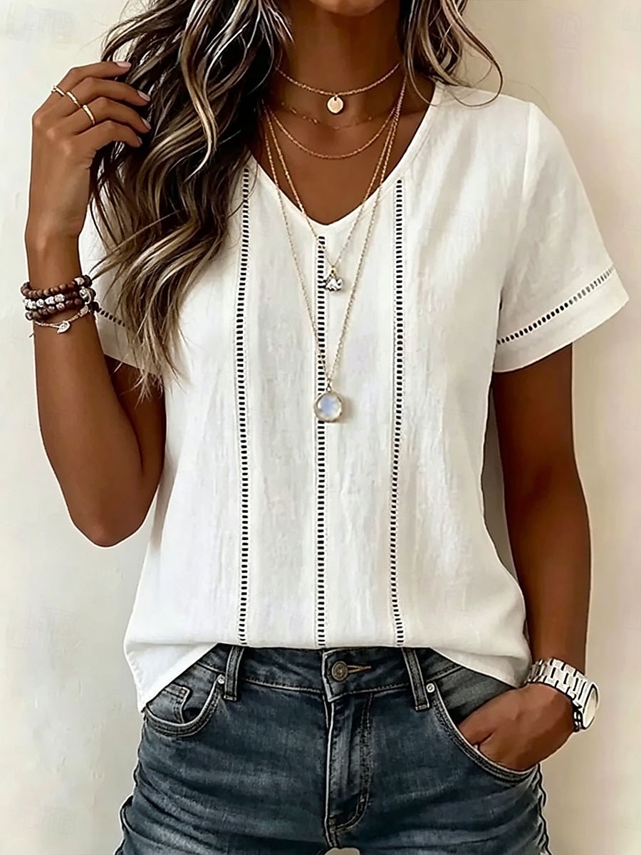 Women's Blouse Lace Trim Solid Color Vintage Stylish Basic Short Sleeve V Neck Regular Tops Casual Daily Blue White Pink Summer Spring 2026 - $29.99 –P1