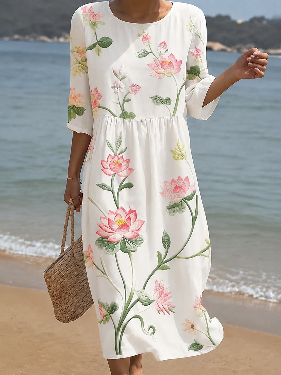 Women's Maxi Dress Shift Dress Sundress Vacation Casual Beach Going out Loose Fit Floral Graphic 3/4 Length Sleeve Crewneck Blue White Summer Spring Fall 2026 - $36.99 –P2