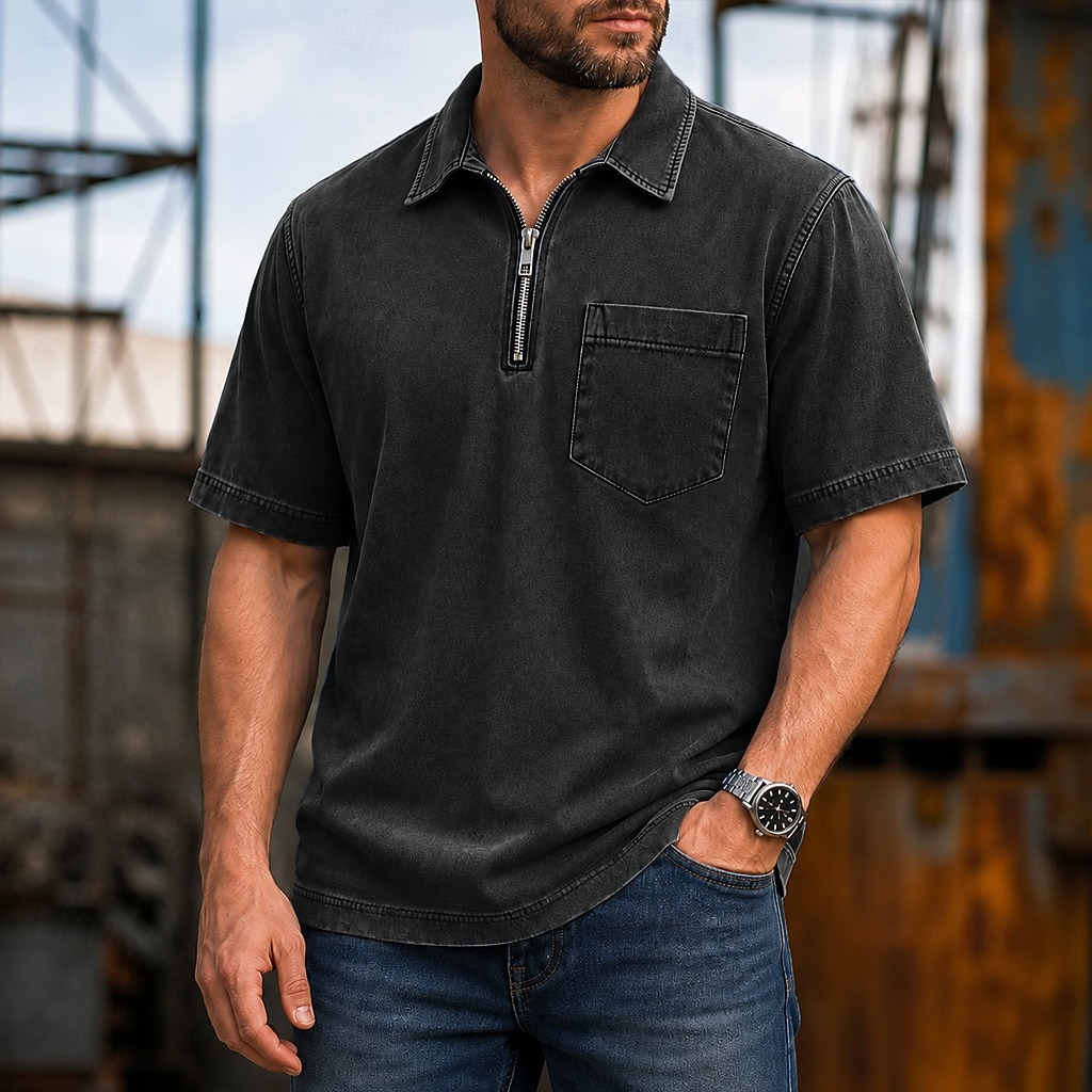 Koszule polo SoftFade™ Męskie 100% Bawełna Koszula z efektem washed Casual Codzienny ubiór Zamek ćwierć zamka Krótki rękaw Vintage Podstawowa Gładka Kieszonka Zniszczona Lato Luźny krój Czarny Różowy 2026 - $35.99 –P14