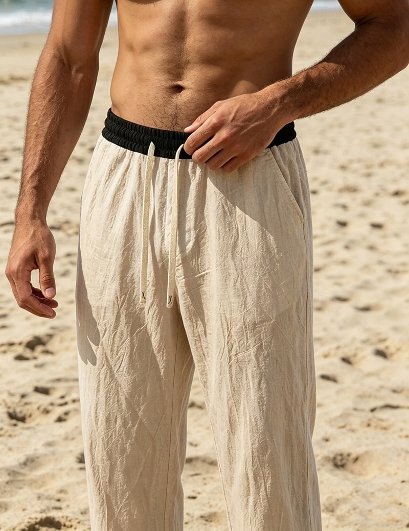 Men's Linen Pants Trousers Summer Pants Beach Pants Drawstring Pocket Elastic Waist Color Block Comfort Breathable Knee Length Daily Outdoor Beach Vacation Fashion Black White Inelastic 2026 - $26.99 –P2