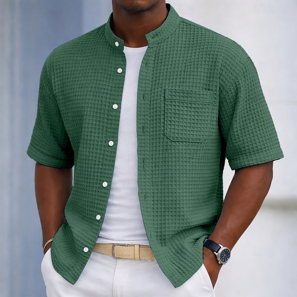 Men's Shirt Waffle Shirt Casual Shirt Button Up Shirt Black Light Green Navy Blue Purple Military Green Short Sleeve Plain Grandad Collar Casual Daily Front Pocket Clothing Apparel Elegant Fashion 2026 - $28.99 –P5