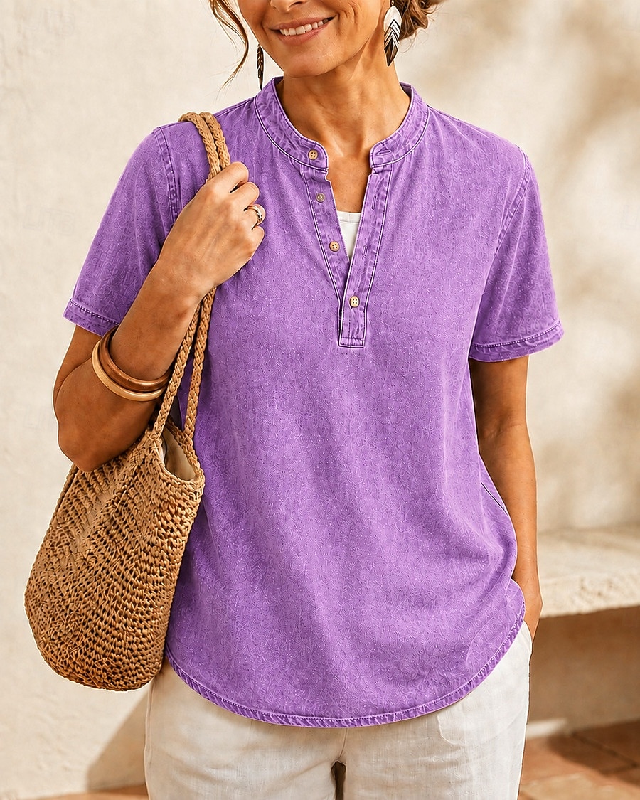 SoftFade™ Women's 100% Cotton Henley Shirt Solid Color Vintage Fashion Stylish Short Sleeve V Neck Regular Tops Casual Beach Blue Khaki Black Purple Orange Summer Spring 2026 - $28.99 –P14