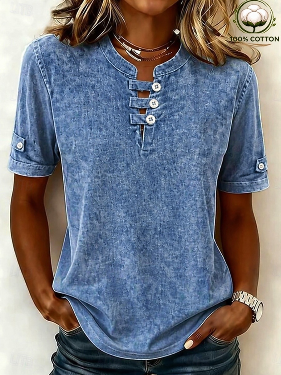 softfade™ maglietta henley da donna 100% cotone stile vintage alla moda elegante maniche corte top lunghi casual spiaggia blu rosa grigio estate primavera del 2026 a $15.99 –P18