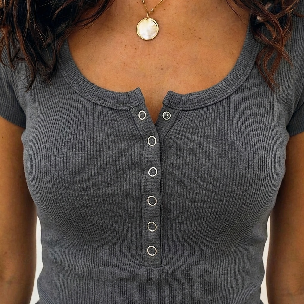 Per donna Maglietta A coste Tinta unica Elegante Manica Corta Collo a U Henley Top Regolari Casuale Uscire Nero Bianco Rosa Grigio scuro Albicocca Estate Primavera del 2026 a $24.99 –P3