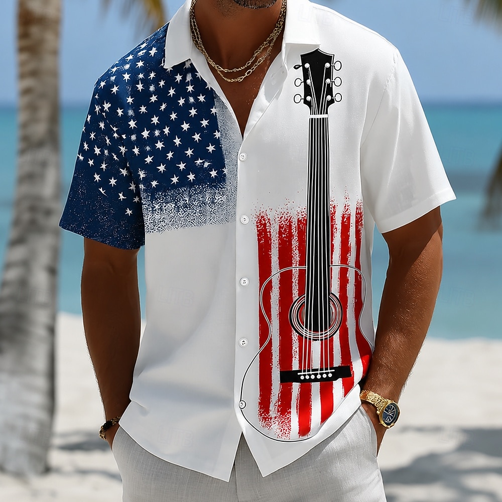 Hombre 4 de julio, 250 aniversario de Estados Unidos Guitarra Bandera estadounidense Camisa Camisa de verano Camisas tropicales Manga Corta Patriótico Vacaciones Festivos Verano Primavera Cuello 2026 - $25.99 –P4