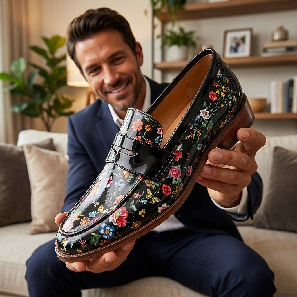 Mocassins à enfiler noirs à motif floral pour homme, chaussures habillées élégantes à bride vernie, parfaites pour les mariages, les banquets, les fêtes et les soirées raffinées. de 2026 ? $46.99 –P2