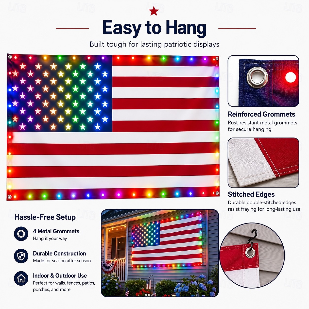 Luci a forma di bandiera americana per esterni, bandiera USA 3x5 piedi con 98 LED luminosi, controllo con pulsante funzione e spina USB, decora il tuo cortile o illumina importanti festività, colore del 2026 a $37.99 –P5