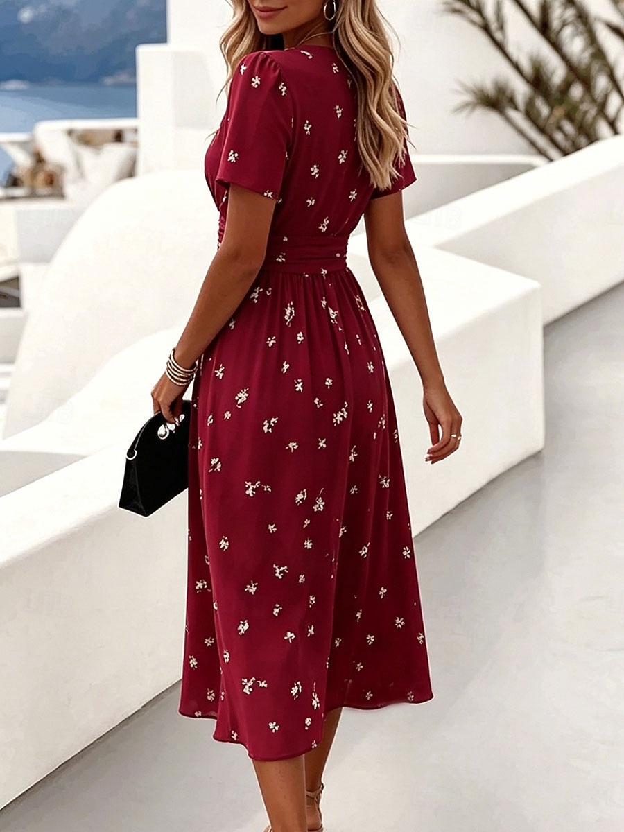 Mujer Vestido Midi Vestido de una línea Vacaciones Casual Boho Ajuste regular Floral Graphic Manga Corta Escote en Pico Azul Piscina Rojo Verde Trébol Verano Primavera 2026 - $37.99 –P2