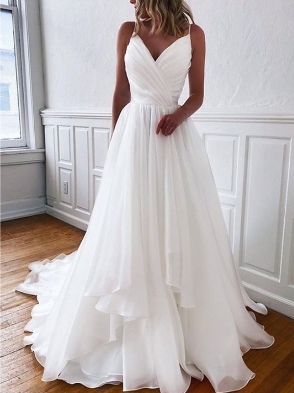 Beach Wedding Casual Simple Wedding Dresses Wedding Dresses Sheath Camisole Sleeveless Court Train Chiffon Bridal Gowns With Pleats 2026 - $169.99 –P4