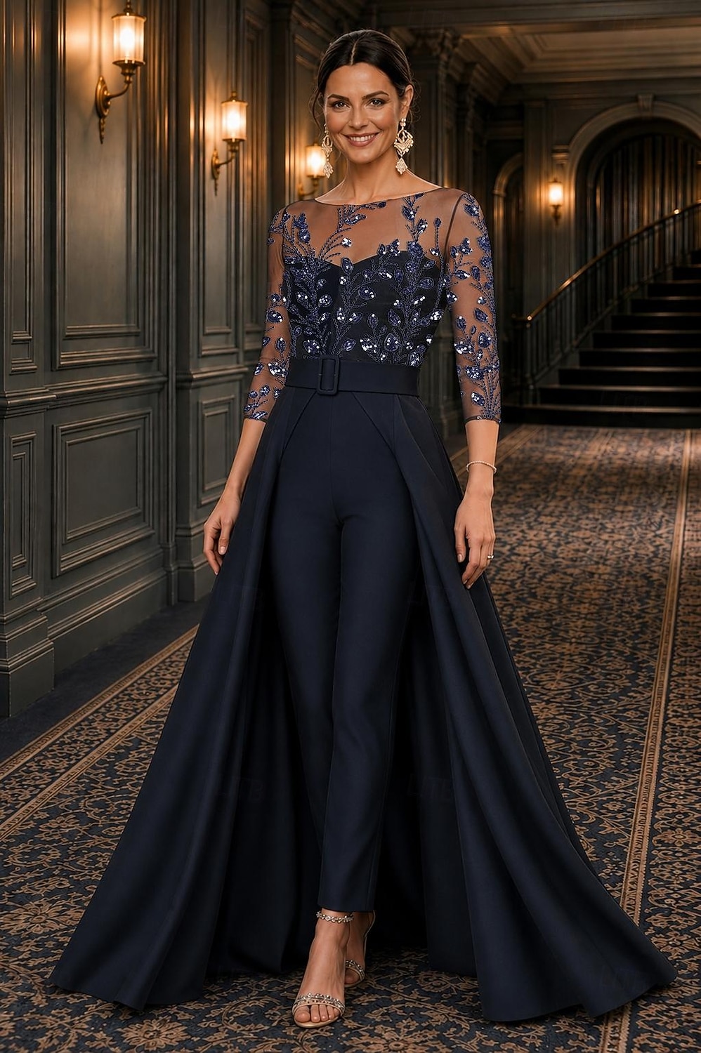 Tuta Completo Pantalone Lunghezza alla caviglia Abito da cerimonia per signora Manica 3/4 Scollo a Barca Elegante Formale Ospite di nozze Semi-Formale Pizzo Crepe Elasticizzato con Perline Paillettes del 2026 a $194.99 –P4