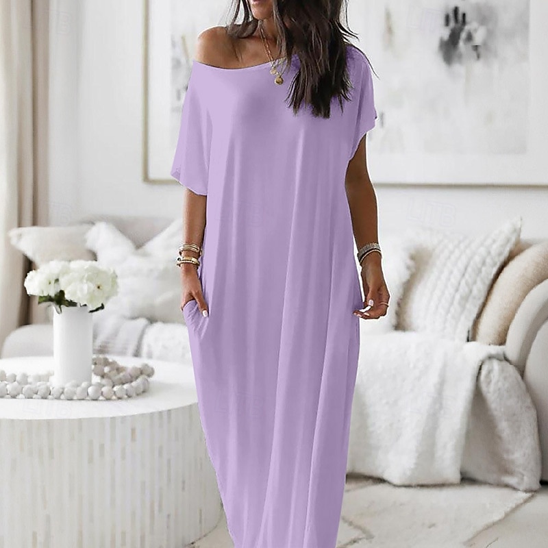 Women's Maxi Dress Casual Dress Elegant Fashion Beach Vacation Sun protection Loose Fit Plain Short Sleeve Boat Neck Yellow Purple Light Grey Summer 2026 - $19.99 –P3