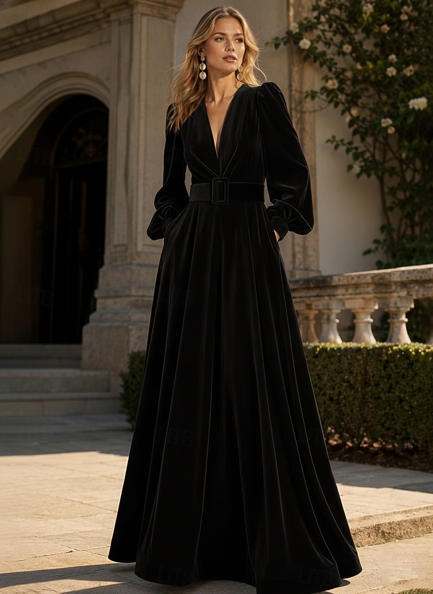 Abito da sera A-Line rosso nero blu in velluto elegante formale per matrimonio autunnale lungo fino al pavimento con maniche lunghe scollo a V tasca con spacco tasca del 2026 a $195.99 –P10