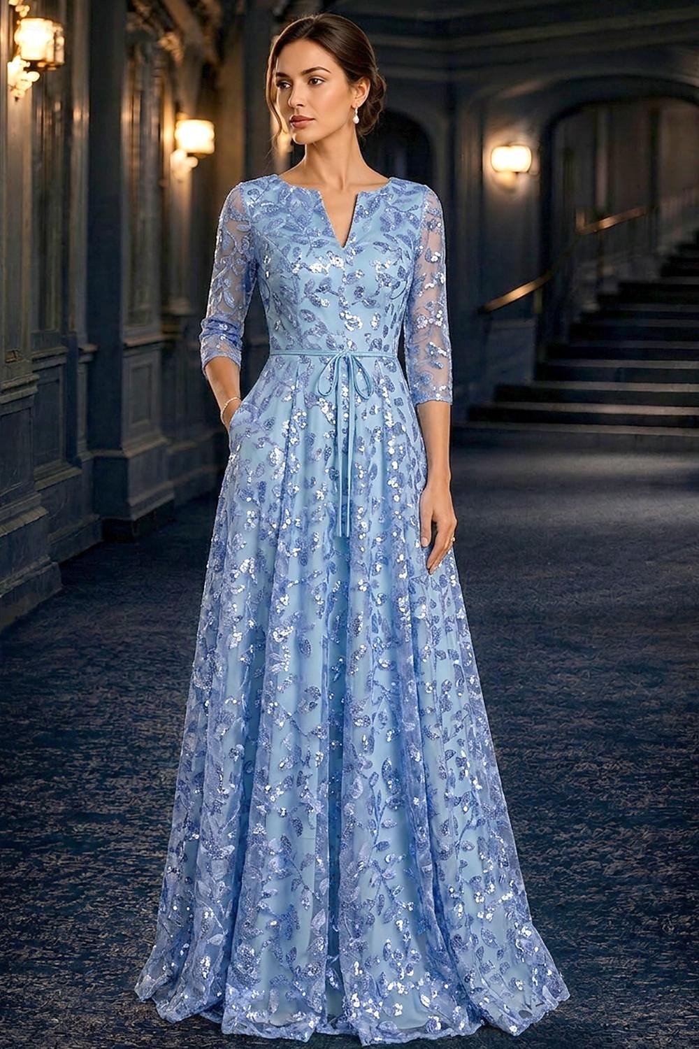 A-Linie Kleid Bodenlang Partykleid Cocktailkleid Brautmutterkleid Langarm V Ausschnitt Elegant Vintage luxuriös Formell Hochzeitsgast Kentucky Derby Chiffon Tüll mit Paillette Stickerei Blume 2026 - $182.99 –P4