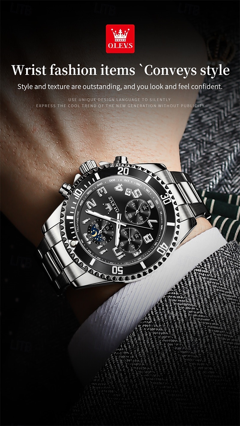 OLEVS Men's Chronograph Watch Luxury Green Face Two Tone Stainless Steel Moon Phase Waterproof Luminous Analog Quartz Wrist Watch for Men Big Face Fashion Sport Business Watch Gifts for Him 2026 - $39.99 –P18