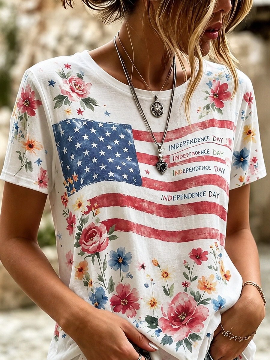 American Independence Day Women's T Shirt Print Graphic American Flag Vintage Fashion Casual Short Sleeve Crew Neck Regular Tops Casual Daily Weekend Blue Red Summer Spring 2026 - $21.99 –P2