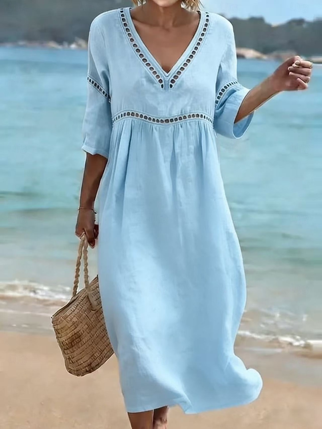Women's Long Dress Maxi Dress Sundress Elegant Vacation Beach Holiday Loose Fit Solid Color Half Sleeve V Neck Light Blue Denim Blue turmeric off white Summer Spring 2026 - $27.99 –P9