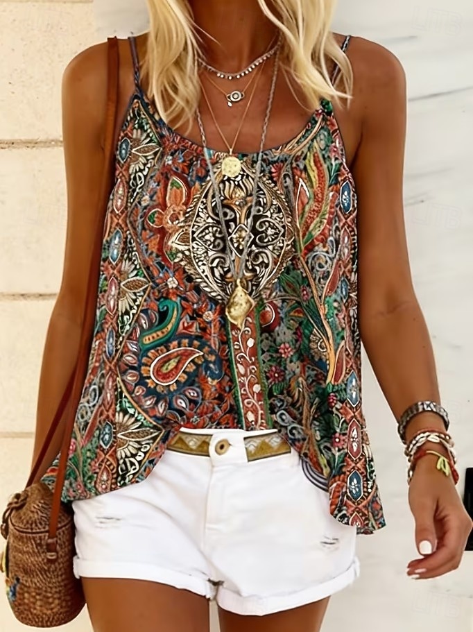 Damen Hemd Bluse Druck Grafik Geometrisch Paisley-Muster Bohemien Vintage Tropisch Ärmellos Träger Normale Oberteile Lässig Täglich Khaki Rote Dunkelgrün Purpur Braun Sommer Frühling 2026 - $21.99 –P5
