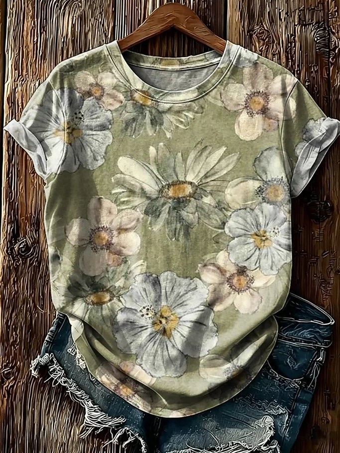Women's T Shirt Print Floral Graphic Plants Fashion Stylish Classic Short Sleeve Crew Neck Regular Tops Casual Daily Weekend Light Green Beige Summer Spring 2026 - $21.99 –P3