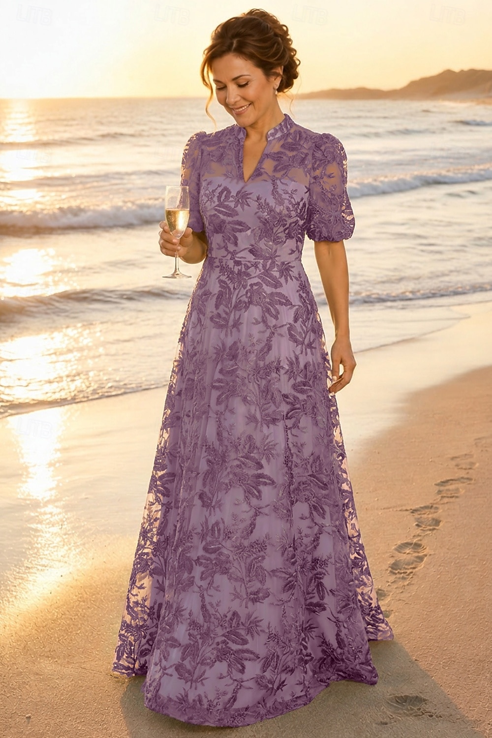 A-Linie Kleid Bodenlang Spitzenkleid Brautmutterkleid Kurzarm V Ausschnitt Hoher Ausschnitt Elegant Vintage luxuriös Formell Hochzeitsgast Semi-Formal Spitze mit Stickerei Applikationen 2026 - $194.99 –P5