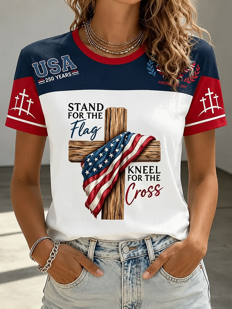 American Independence Day Women's T Shirt Print Graphic Letter National Flag Vintage Stylish Classic Short Sleeve Crew Neck Regular Tops Casual Daily Weekend Blue White Red Summer Spring 2026 - $21.99 –P1