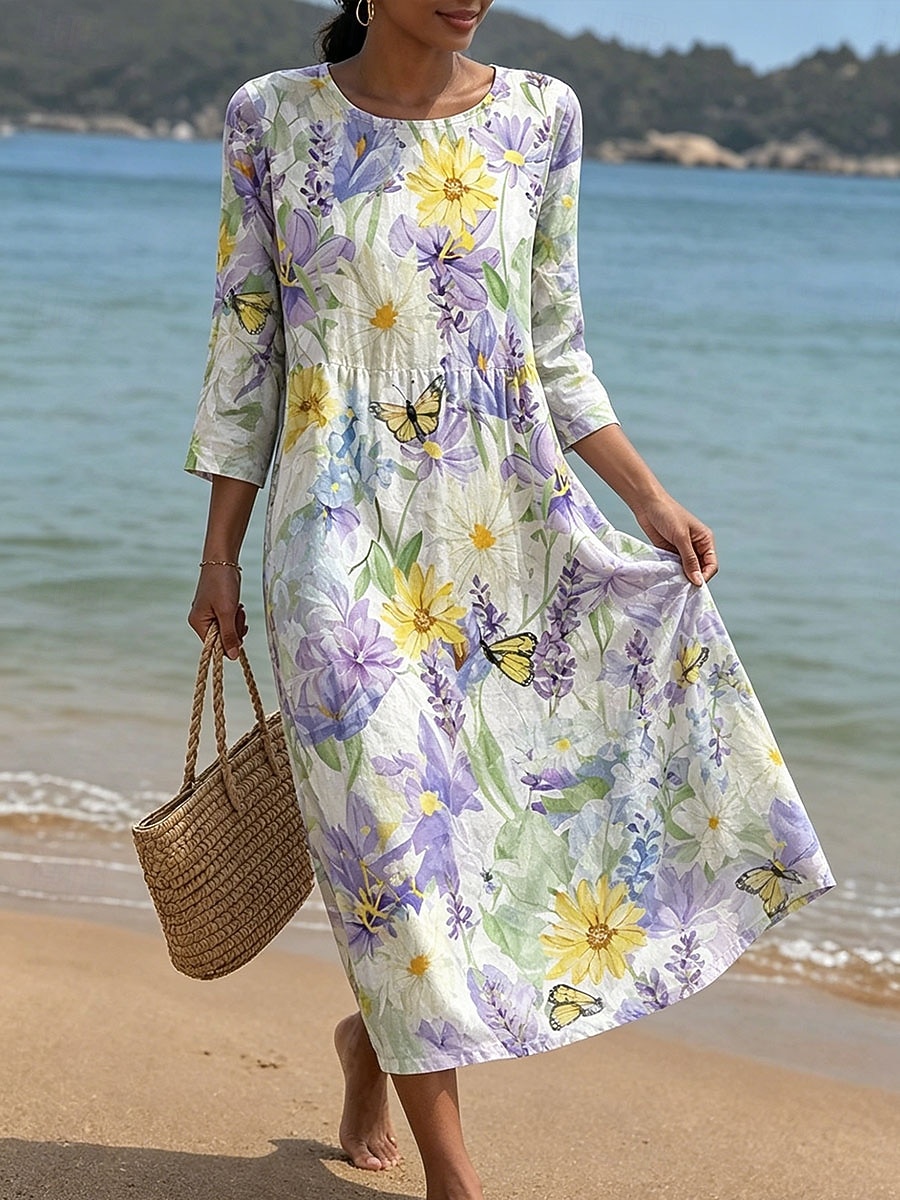 Women's Midi Dress Sundress Summer Dress Vacation Casual Boho Beach Holiday Regular Fit Floral Graphic 3/4 Length Sleeve Crew Neck Blue Pink Purple Summer Spring 2026 - $34.99 –P4