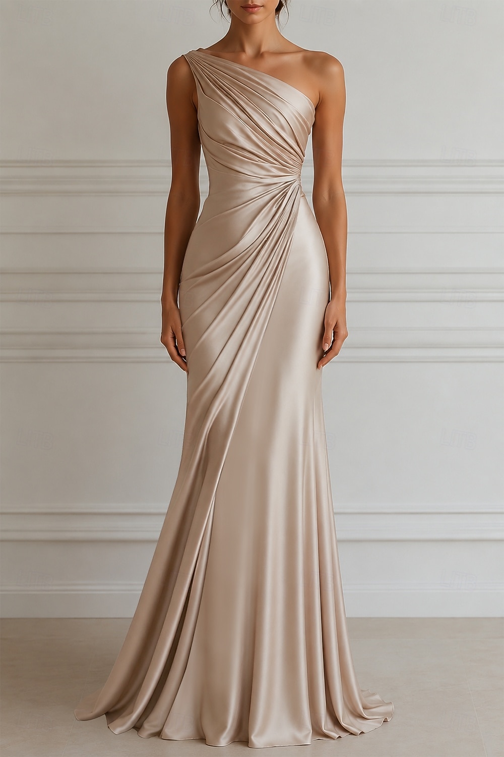 Corte Trompeta Sirena Hasta el Suelo Vestidos de noche Elegante Sin Mangas Un Hombro Boda Formal Vestido rosa Satén elástico con Plisado 2026 - $160.99 –P1