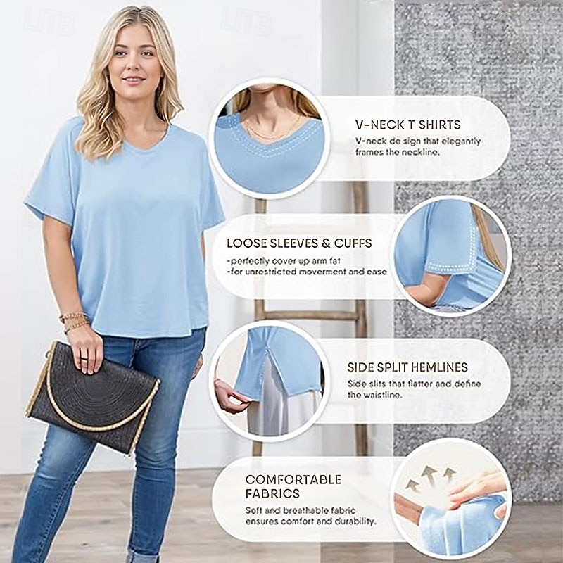 Dame T skjorte T-skjorter T-skjorte Grafisk عادي Stilfull Klassisk Kortermet V-hals Vanlige topper Avslappet Strand Høst Blå Svart Rosa Militærgrønn Navyblå Sommer Vår 2026 - $21.99 –P5